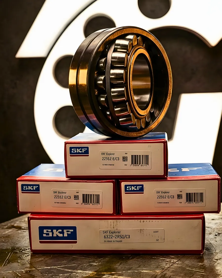 Pila de cajas SKF Explorer 22312 E/C3 y 6322-2RS1/C3 con un rodamiento oscilante de rodillos encima