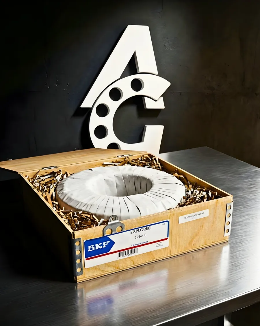 Caja de madera abierta con un rodamiento SKF Explorer 29444 E envuelto en papel, junto al isotipo de Arcaragua Group